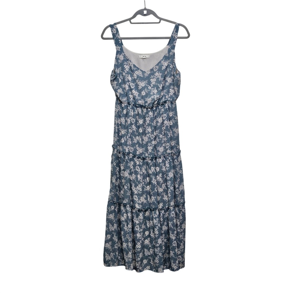 Mine Tiered Floral‎ Midi Dress Womens Medium Blue Sleeveless Cottagecore Boho